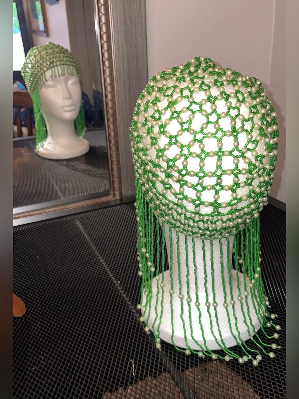 Handmade Beaded Netting Headpiece with Pearl Accents